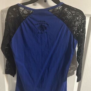 Harley-Davidson Blue Top with Black Lace Sleeves